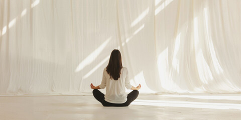 Woman meditating in white room
