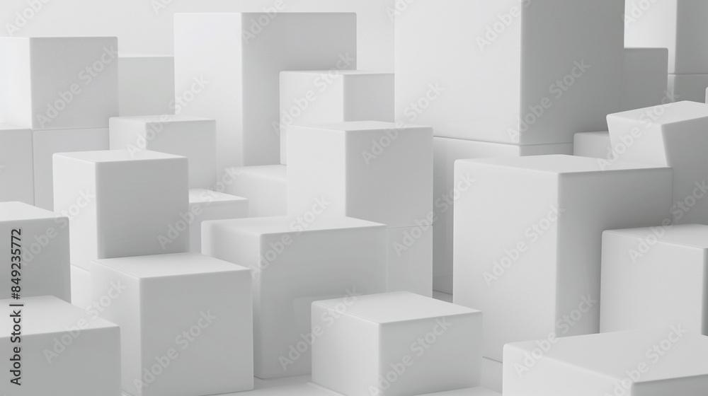 Wall mural A high-resolution image showcasing a cluster of white cube boxes arranged in a random pattern against a minimalist background, providing ample copy space. - Wall murals