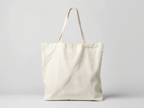 Generated artificial intelligence, showing a white tote bag with handles on a plain background.