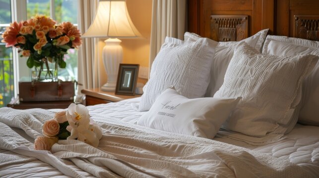 A bed in a guest room with fresh linens, a welcoming note, and a vase of flowers, creating a hospitable environment