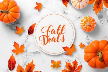 Obraz premium Words Fall Deals on red background with autumn leaves