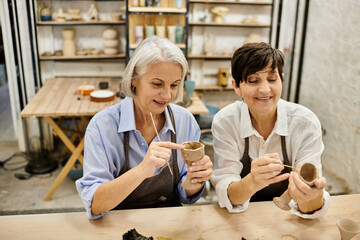 Two mature women, a lesbian couple, craft pottery together in a cozy studio.