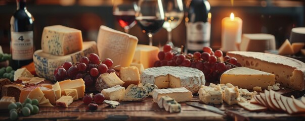Celebrating National Cheese Day with a cheese tasting event, variety of cheeses and wine, 4K hyperrealistic photo.