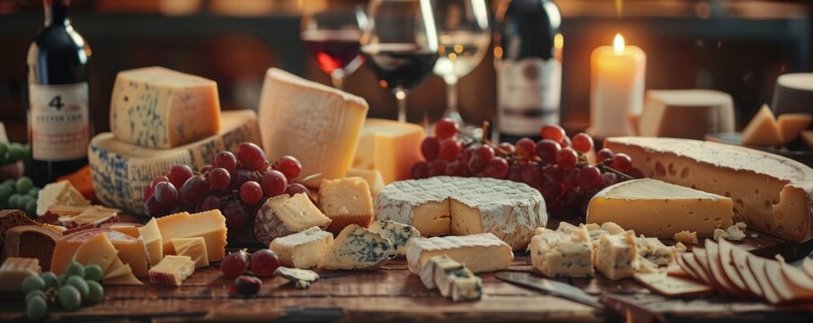 Celebrating National Cheese Day with a cheese tasting event, variety of cheeses and wine, 4K hyperrealistic photo.