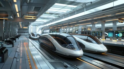Fototapeta premium Futuristic Train Station with Sleek Modern Trains