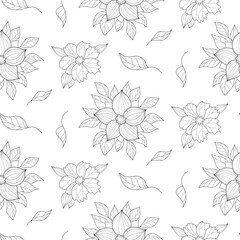 Floral pattern with flowers and leaves, seamless background with outline flowers.