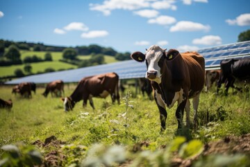 Fototapeta premium Rural farm with solar panels under the sky., generative IA