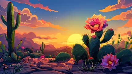 An illustration of a colorful desert landscape with cacti and a blooming flower.