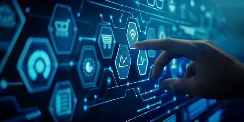 A closeup of a hand touching icons on an interactive screen displaying hexagonal architecture and customer experience scales, with other business elements behind them in motion blur