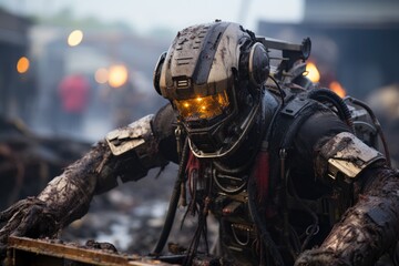 Fototapeta premium Fighting robot faces the intense flames., generative IA