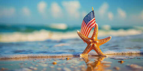 Starfish on beach with American flag