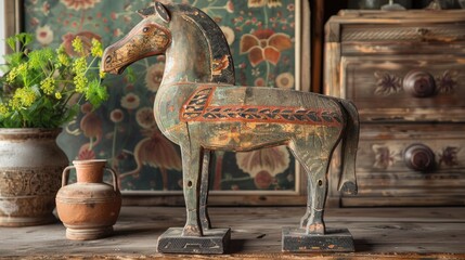 Celebrating the beauty of the past this antique wooden horse is a timeless work of art in home decor showcasing exceptional craftsmanship and a storied past