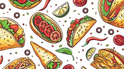 Naklejka premium 2d illustration in a hand drawn style depicting a seamless pattern of Mexican traditional food