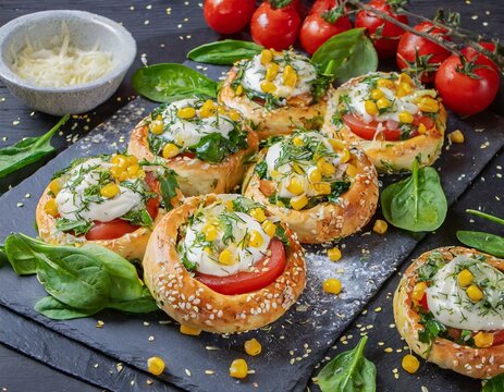 Gebackene Teigr&ouml;llchen mit Tomaten, Maisk&ouml;rnern, Babyspinat, Zwiebeln, Mayonnaise und Kr&auml;utern