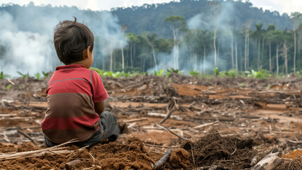 A child sees deforestation with smoke, emphasizing its harm to the environment. Preserving ecosystems is crucial in fighting climate change