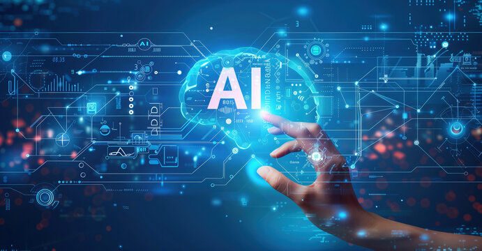 Hand Interacting with AI Technology. Artificial Intelligence Digital Interface.