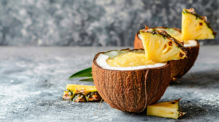 Tropical pineapple coconut smoothie in a coconut shell grey concrete background