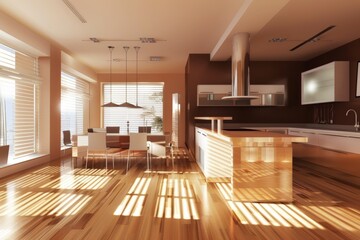Obraz premium The interior of a luxury home kitchen includes a bar counter and stool, a cabinet, and a window