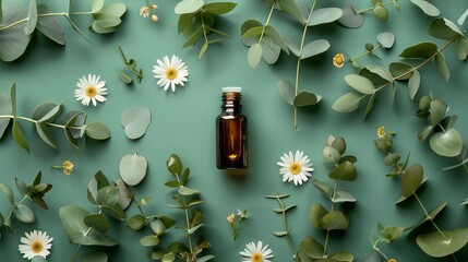 Natural greenery and flowers on a green background of an amber dropper bottle. Concept of natural skincare. Generational AI.