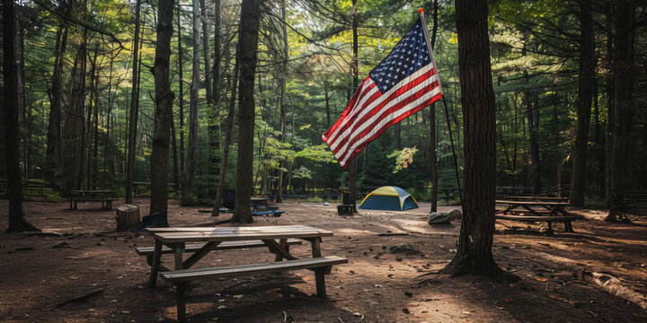 American flag in forest camping site - Powered by Adobe