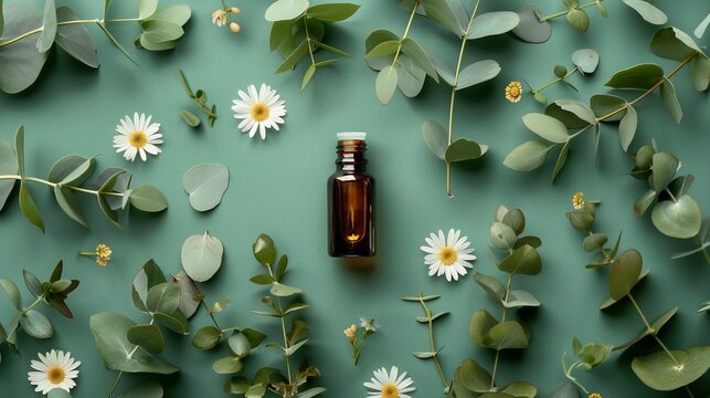 Natural greenery and flowers on a green background of an amber dropper bottle. Concept of natural skincare. Generational AI.