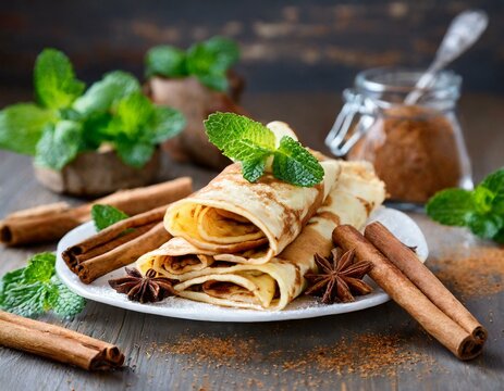 Cr&ecirc;pes mit frischem Zimt und Minze