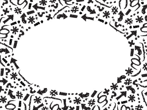 A set of perforated black math signs (symbols) and language punctuation marks on periphery make ellipse-like space in the center to put your ads (text) inside. Education, business, finance, science.