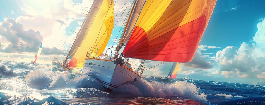 Sailboat racing across the ocean with colorful spinnakers billowing in the wind, 4K hyperrealistic photo