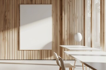 Business interior with a computer, sideboard, and a wooden desk. Mockup.