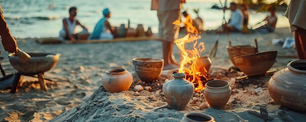 Summer beachside pottery firing demonstration, potters and kiln firing, 4K hyperrealistic photo.