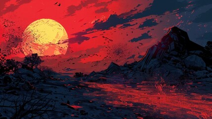 Crimson Sunset Over a Rocky Landscape