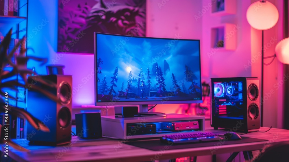 Aufkleber a desk with a computer monitor and compact desktop speakers, set up for an immersive gaming experien