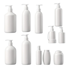 Cosmetic bottle collection. Set of cosmetics package mockup. Soap pump dispenser blank, cream jar, shampoo bottle, toothpaste tube design. Mock up of plastic bottles
