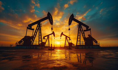 Oil well. Oil price cap concept. Oil drilling derricks at desert oilfield. Crude oil production from the ground. Petroleum production. The change in oil prices caused by the war.