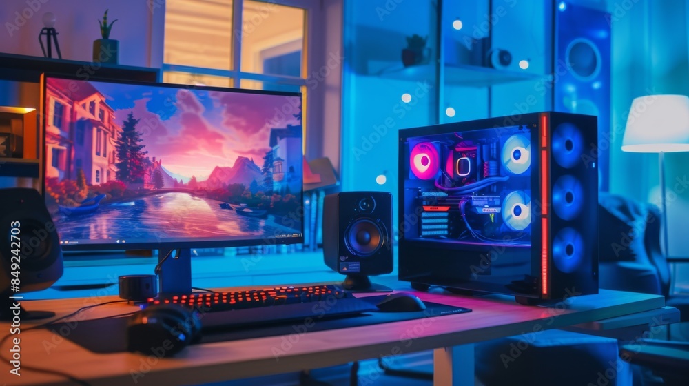 Poster A desk with a computer monitor and compact desktop speakers, set up for an immersive gaming experience