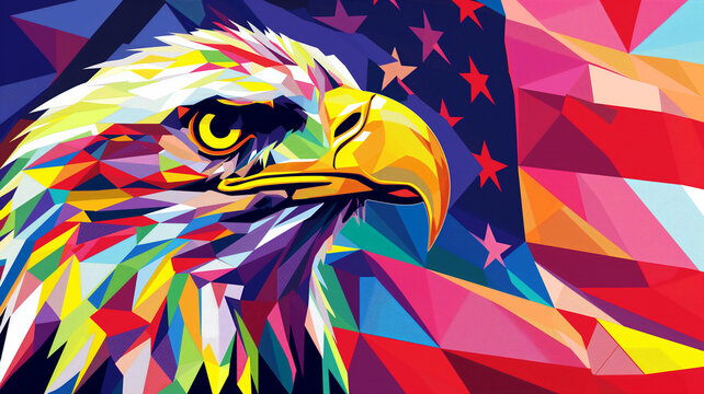 Vector Graphic Artwork of Bald Eagle Head with US Flag Background, Illustrating 4th of July Celebrations