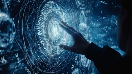 Hand touching a futuristic digital interface glowing blue