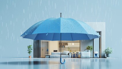 The roof of a house is covered with a blue umbrella, protecting it from rain and storms. Ai-generated generated image.