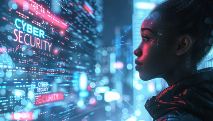 AI cyber hacking concept banner. Black female cyberspace security IT specialist analysing data threats. African american ai robot, side profile. Matrix digital number rain code. Picture a vibrant, neo