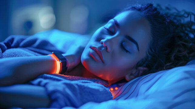 Young woman sleeping with a wearable electronic IOT device to monitor breathing and oxygen level. Smart AI wearables monitoring health and fitness - Powered by Adobe