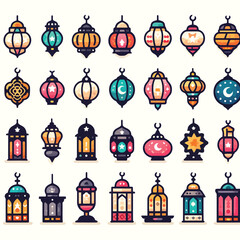 Collection of Islamic lantern cartoons on a white background