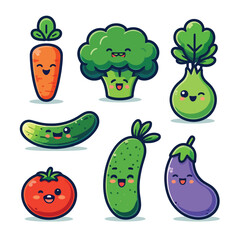Collection of vegetable cartoons on white background