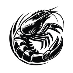 shrimp mascot logo in black and white silhouette