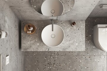Bathroom interior with toilet, sink, and accessories