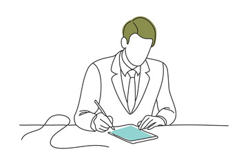 Businessman signing a contract, doodle continuous line art vector illustration