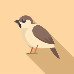Minimalist flat design icon of a cute sparrow bird standing with long shadow on yellow background