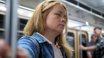 Portrait of a young tired woman in a close-up in a subway car, she stands with her eyes closed and sleeps standing up.