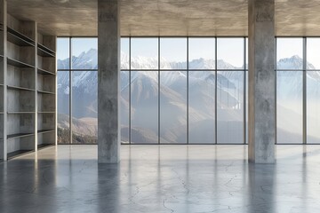 A panoramic window looks out over the countryside from a beige office interior