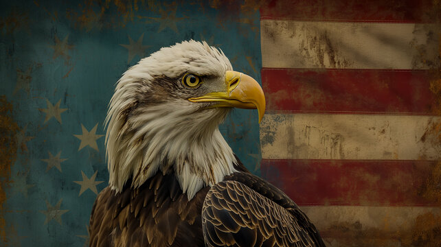 Charismatic Bald Eagle Head with US Flag Background, Illustrating America, Celebrating American Independence