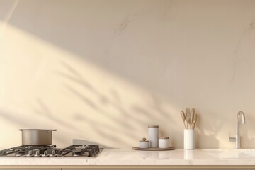 A modern kitchen interior with an oven, stove, and kitchenware on a counter